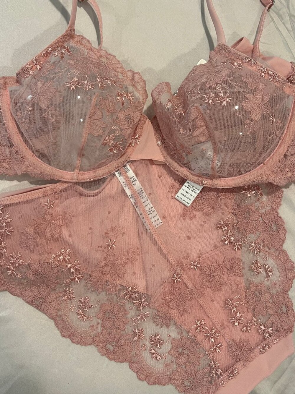 NWT La Perla Stolen Roses Embroidered Lace Underwire Bra 34C & M Panty Set Pink
